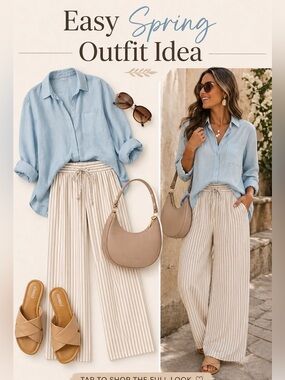 Wide Leg Striped Drawstring Pants - Beige & White